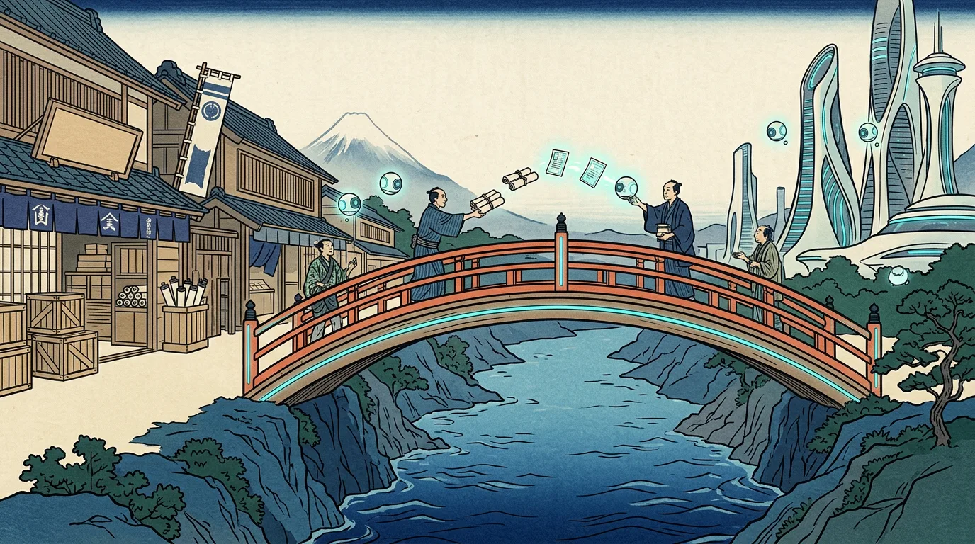發光的拱橋連接傳統商家與未來城市，商人把卷軸交給 AI 光球，卷軸化為資料卡片