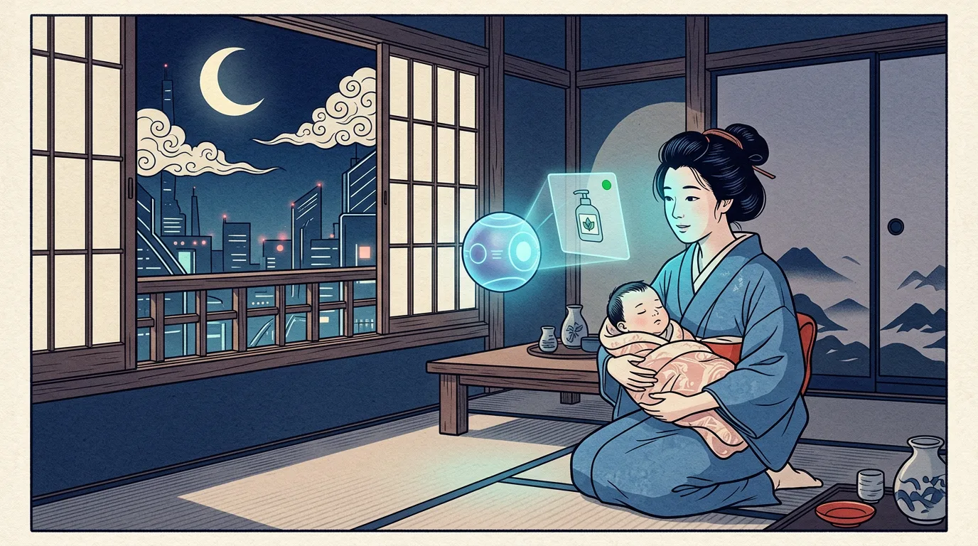 深夜抱著嬰兒的母親，AI 光球呈現一款溫和洗衣精與有貨標示